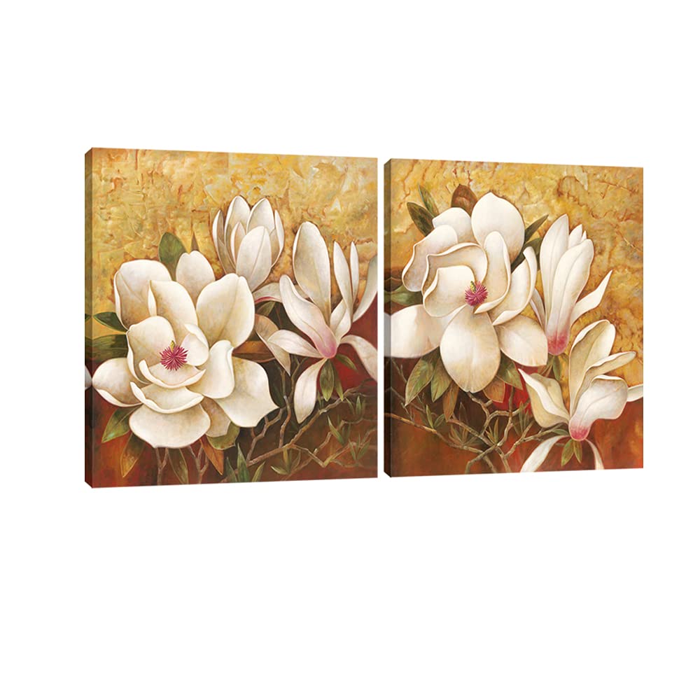 Pyradecor Magnolia Flowers Modern 2 Piece Stretched Floral Canvas Prints Oil Paintings Artwork Style Brown Pictures on Canvas Wa