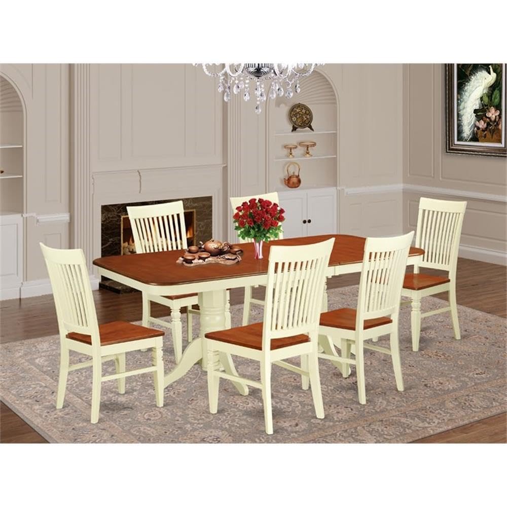 East West Furniture Nawe7-Bmk-W 7 Piece Dining Table Set Consist Of A Rectangle Dining Room Table With Butterfly Leaf And 6 Wooden Seat Chairs, 40X78 Inch, Buttermilk & Cherry