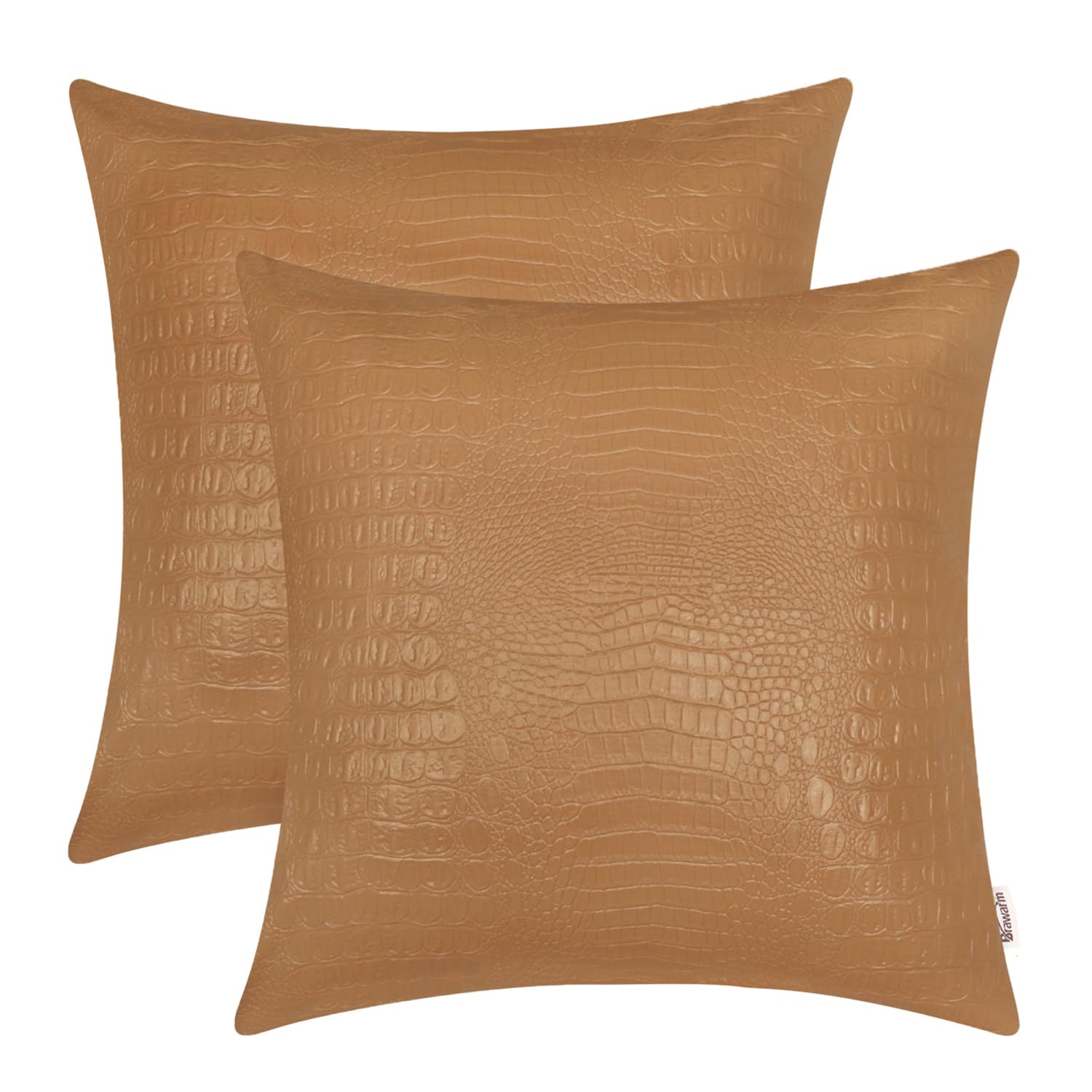 BRAWARM Faux Leather Pillow Covers 20 X 20 Inches, Tan Leather Pillow Covers Pack of 2, Crocodile Leather Decorative Throw Pillo