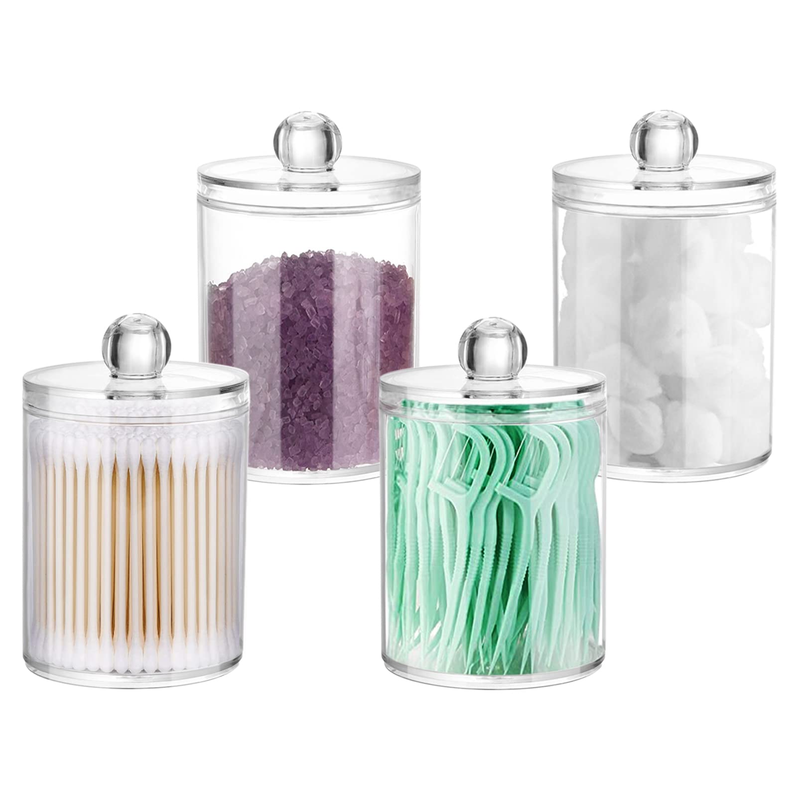 DAPOWER 4 Pack Qtip Holder Storage Canister for Cotton Ball, Cotton Swab, Pads, Floss; 10-Ounce Clear Plastic Apothecary Jar wit