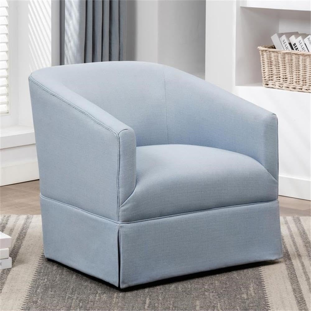 Comfort Pointe Elm Transitional Woven Polyester Fabric Upholstered Skirted 360-Degree Swivel Accent Chair with Narrow Slope Arm, Metal Base, in Sky Blue Finish
