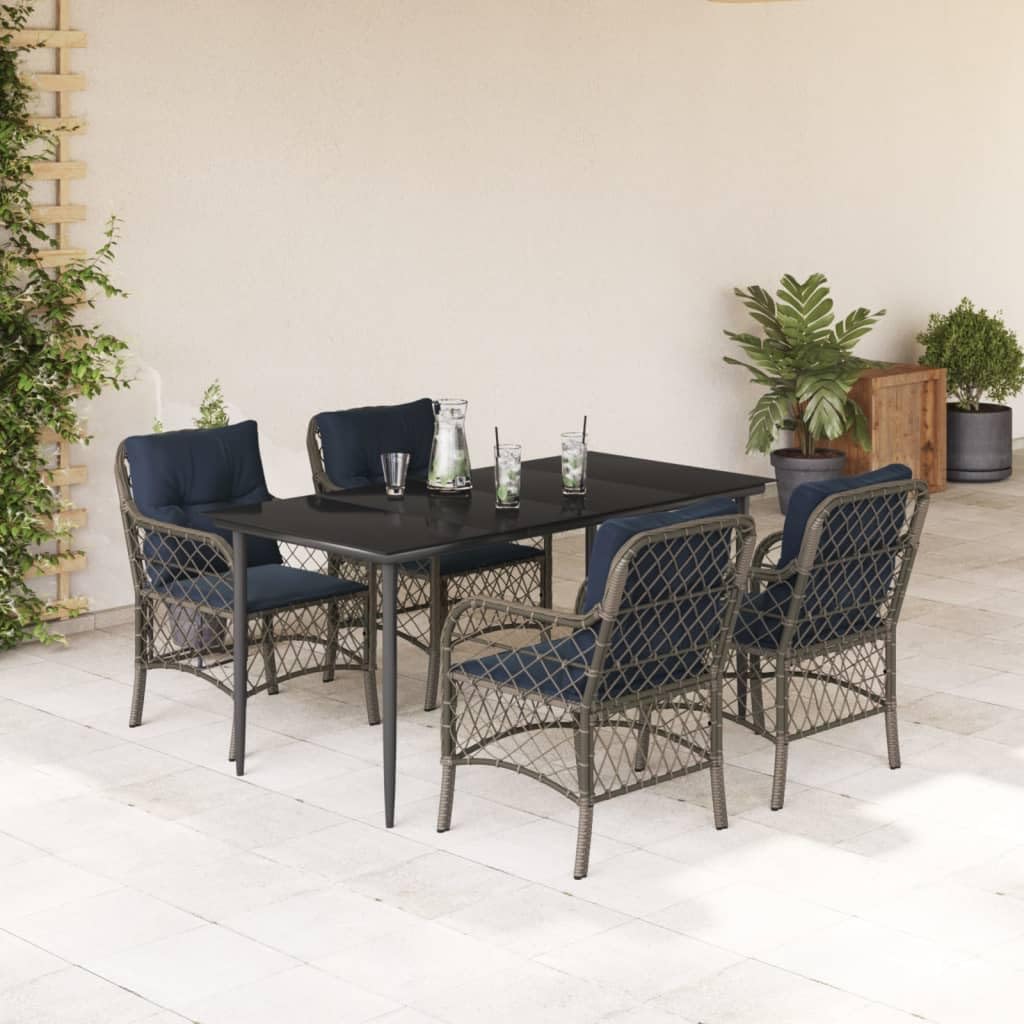vidaXL 5-Piece Patio Furniture Set – Poly Rattan Dining Table with Gray Cushions, Naval Blue, Tempered Glass Top, Powder-Coated Steel Frame for Outdoor/Patio/Garden