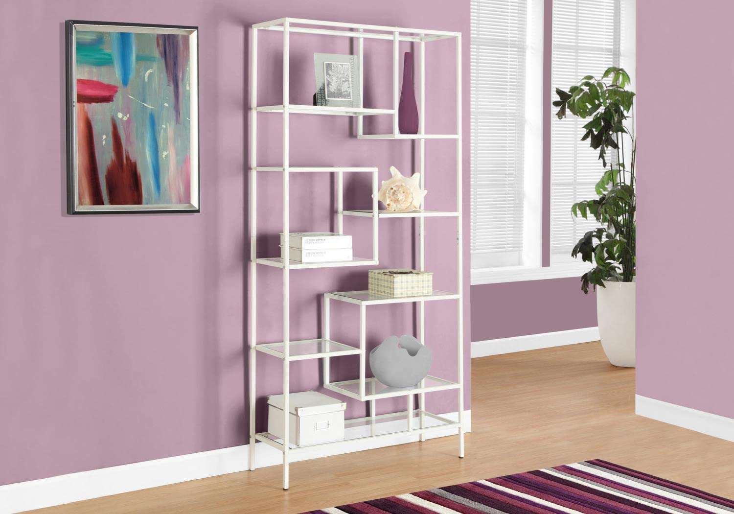 Monarch Specialties 7159 72 Bookshelf - Modern Metal Etagere, White/Clear Glass, 32L x 12W, Perfect for Office & Bedroom
