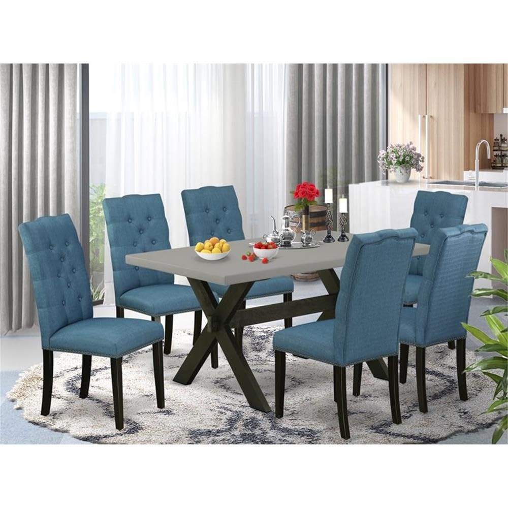 East West Furniture X696El121-7 7 Piece Dining Room Furniture Set Consist Of A Rectangle Dining Table With X-Legs And 6 Blue Linen Fabric Upholstered Chairs, 36X60 Inch, Multi-Color
