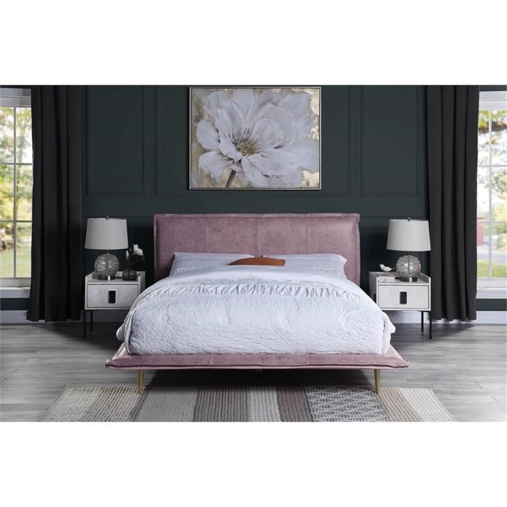 Acme Metis Top Grain Leather Upholstered Eastern King Bed in Pink
