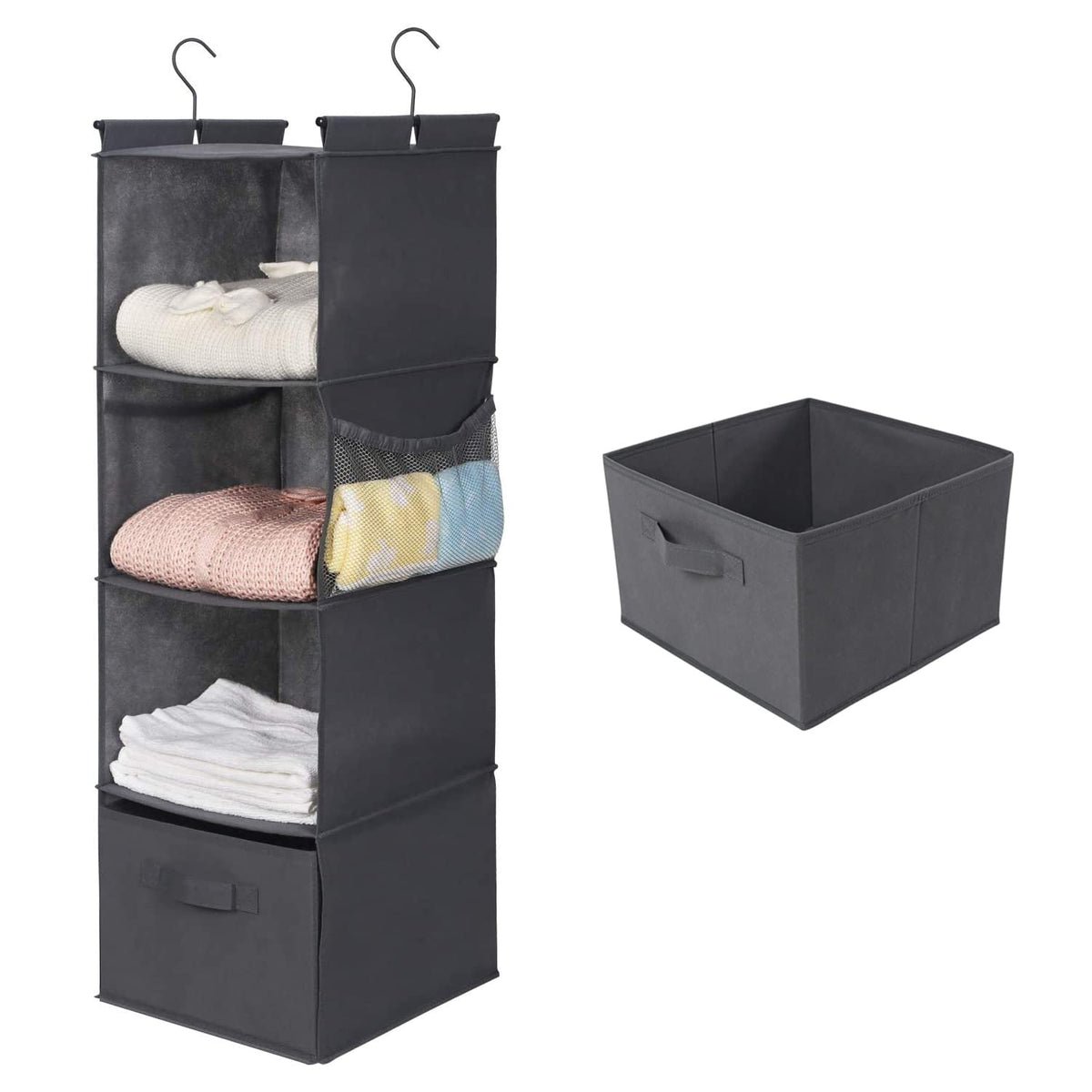 MAX Houser 4-Shelf Hanging Closet Organizer, Space Saver, Cloth Hanging Shelves with 2 Side Pockets, Foldable (Grey)