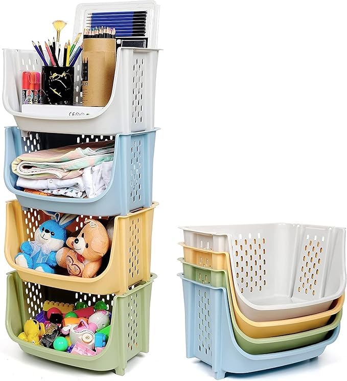 Finner MultiPurpose Plastic Storage Baskets  Stackable Ventilated Organizer Bins For Kitchen, Toys, Pantry & Bathroom