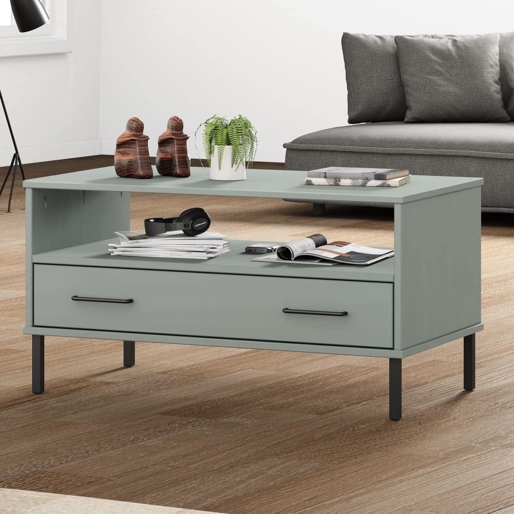 vidaXL 'Oslo' Solid Pine Wood Coffee Table - Gray - Incorporates Metal Legs, Spacious Storage with Drawer, Amplifies Rustic-Industrial Style for Living Room