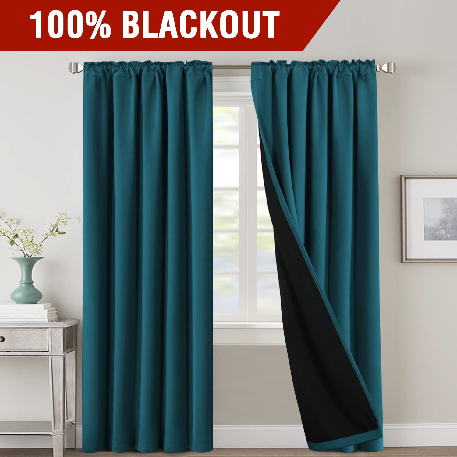 H.Versailtex 100% Blackout Curtains For Bedroom With Black Liner Full Room Darkening Curtains 84 Inches Long Thermal Insulated B