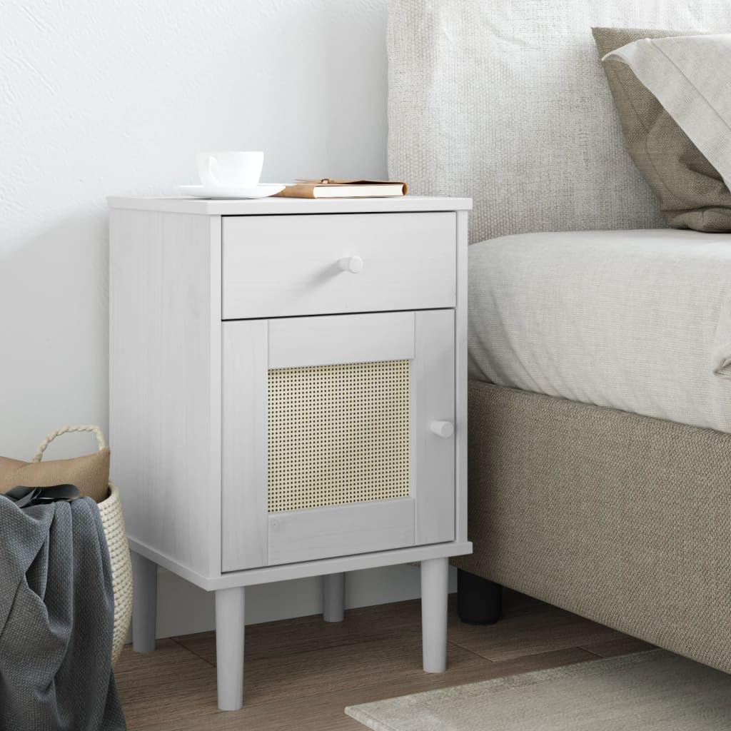 vidaXL SENJA Bedside Cabinet, Rattan Look, Sleek Design, Solid Pine Wood with UV Varnish, Practical Storage, White 15.7&quot;x13.8&quot;x25.6&quot; for Bedroom, Living Room