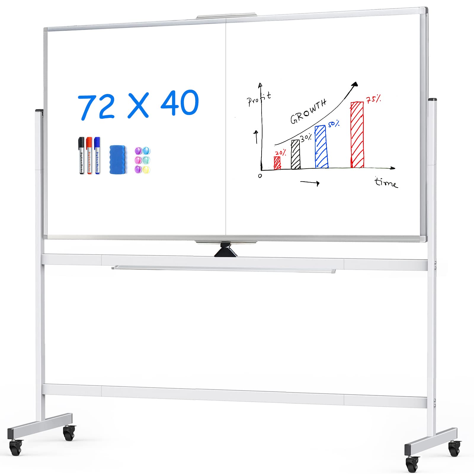 Maxtek Rolling Whiteboard, 72X40 Large Double-Sided White Board Dry Erase On Wheels, Giant Magnetic White Board Standing For Off