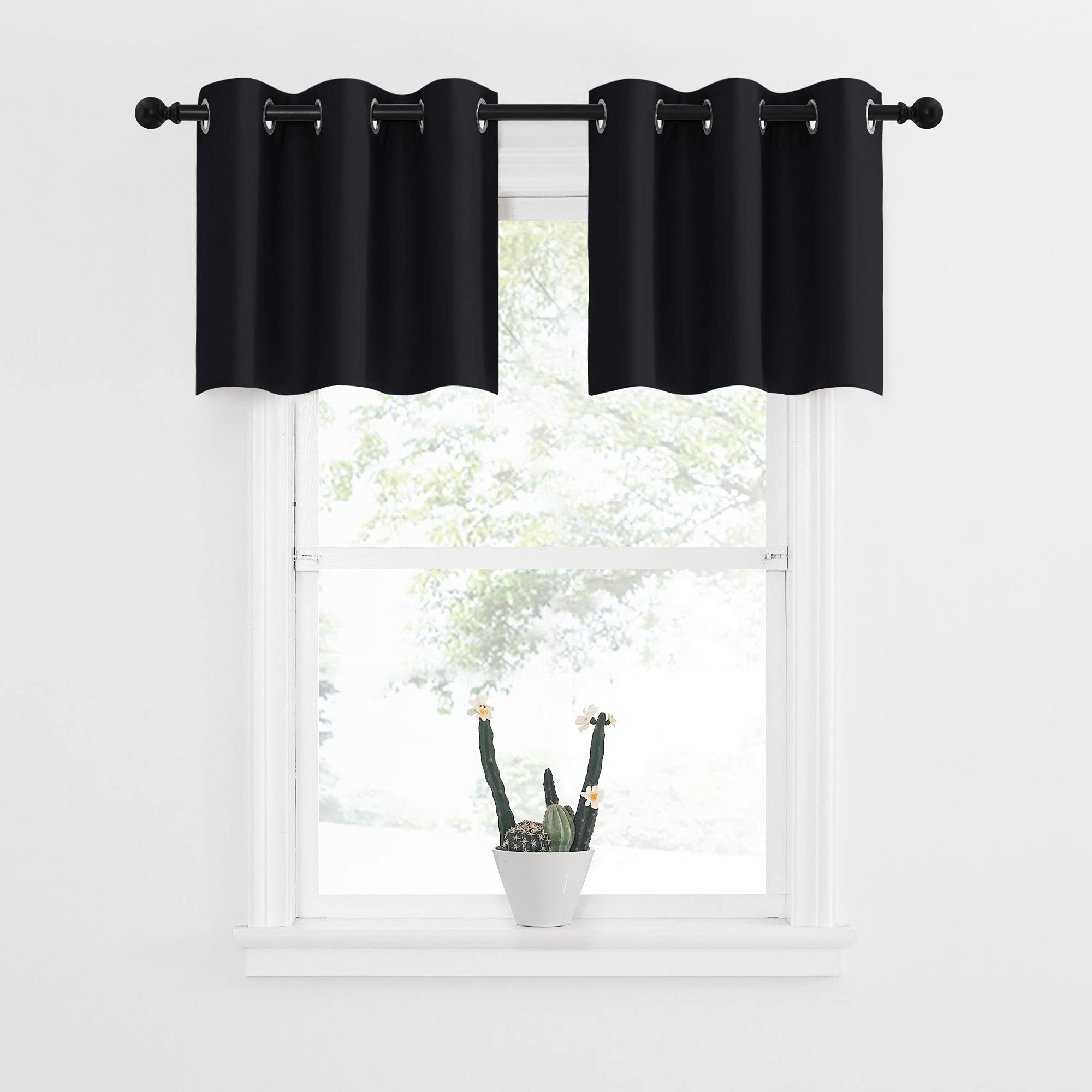 Nicetown Small Kitchen Window Curtains Valances - Thermal Insulated Home Decor Blackout Grommet Tier Curtains Drapes For Basement Window (Black, 42 Inches W By 18 Inches L 1.2 Inches Header,2 Pcs)