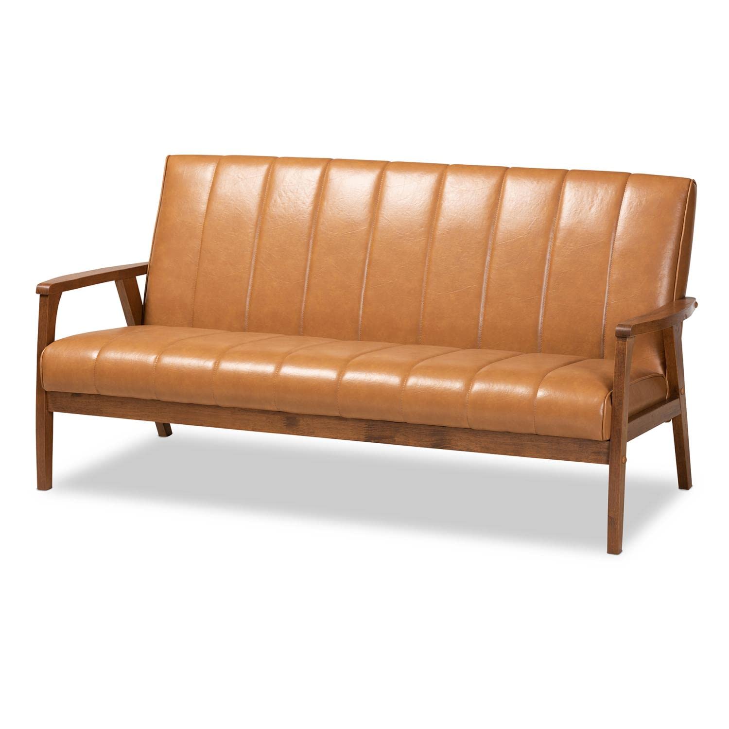 Baxton Studio Nikko Mid-century Modern Tan Faux Leather Upholstered and Walnut Brown finished Wood Sofa