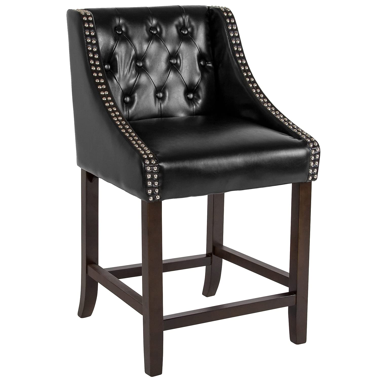 Flash Furniture Carmel Series 24' High Transitional Tufted Walnut Counter Height Stool With Accent Nail Trim In Black Leathersoft