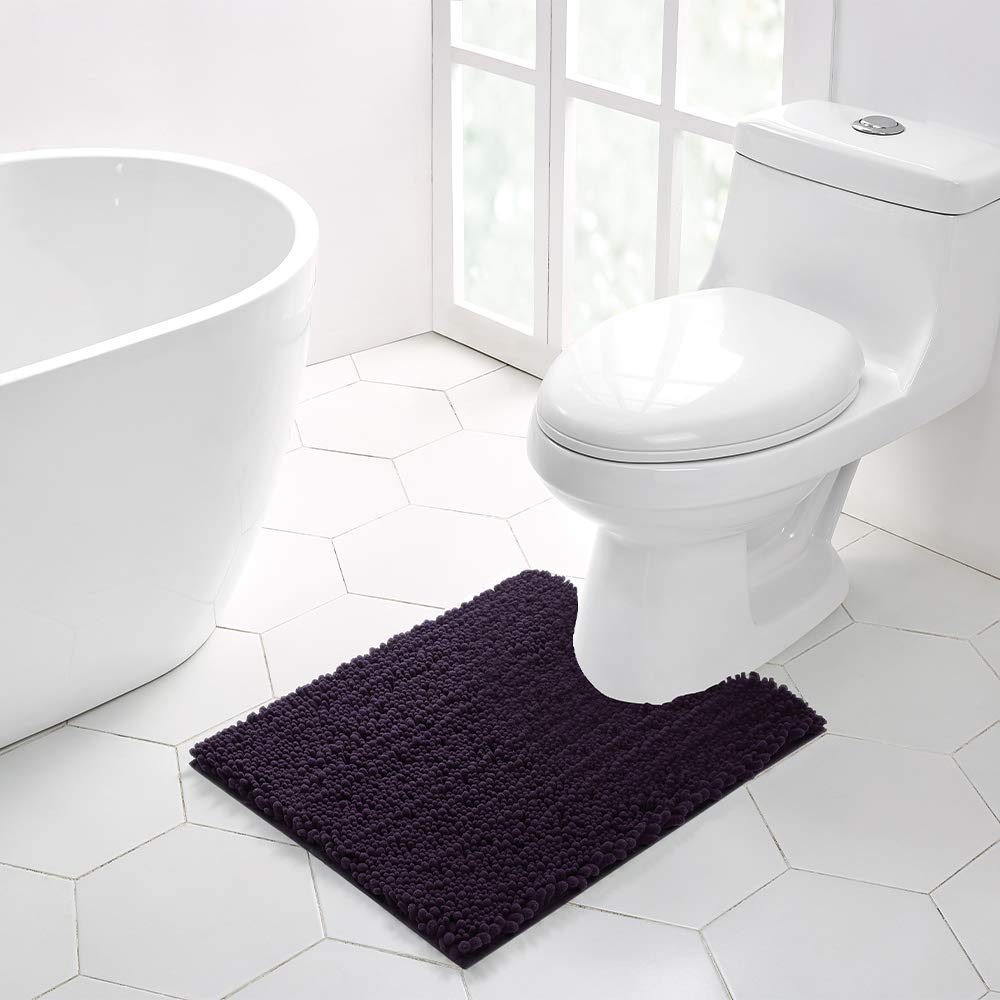Walensee Bathroom Contour Rug Non Slip Toilet U Shaped Bath Mat (20x24, Dark Purple) Water Absorbent Super Soft Shaggy Chenille 