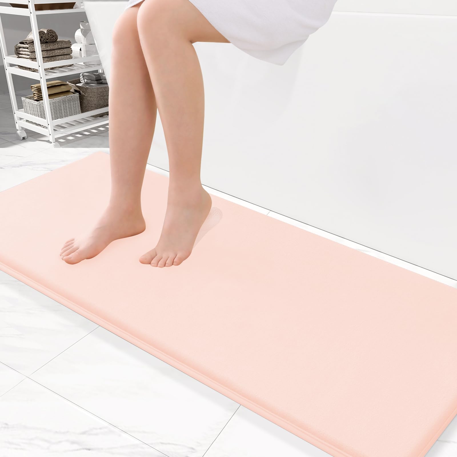 Smiry Memory Foam Bath Mat 47 x 17, Extra Soft Absorbent Bathroom Rugs Non Slip Bath Rug Runner for Shower Bathroom Floors, Pink