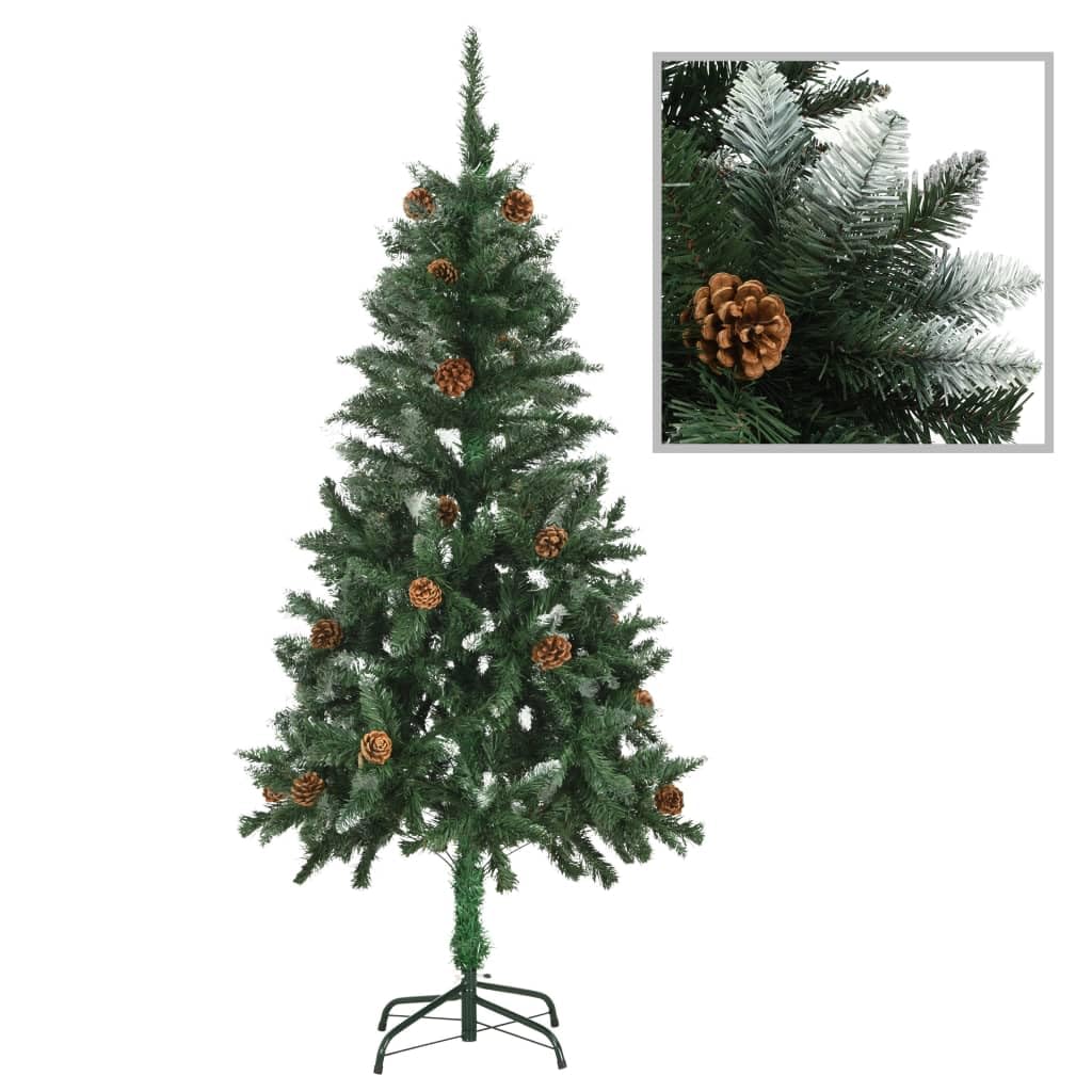 vidaXL 5 ft Artificial Christmas Tree with Pine Cones and White Glitter – Long-Lasting PVC and Iron, Economical, Easy Assembly, Festive Traditional Design, Green and White