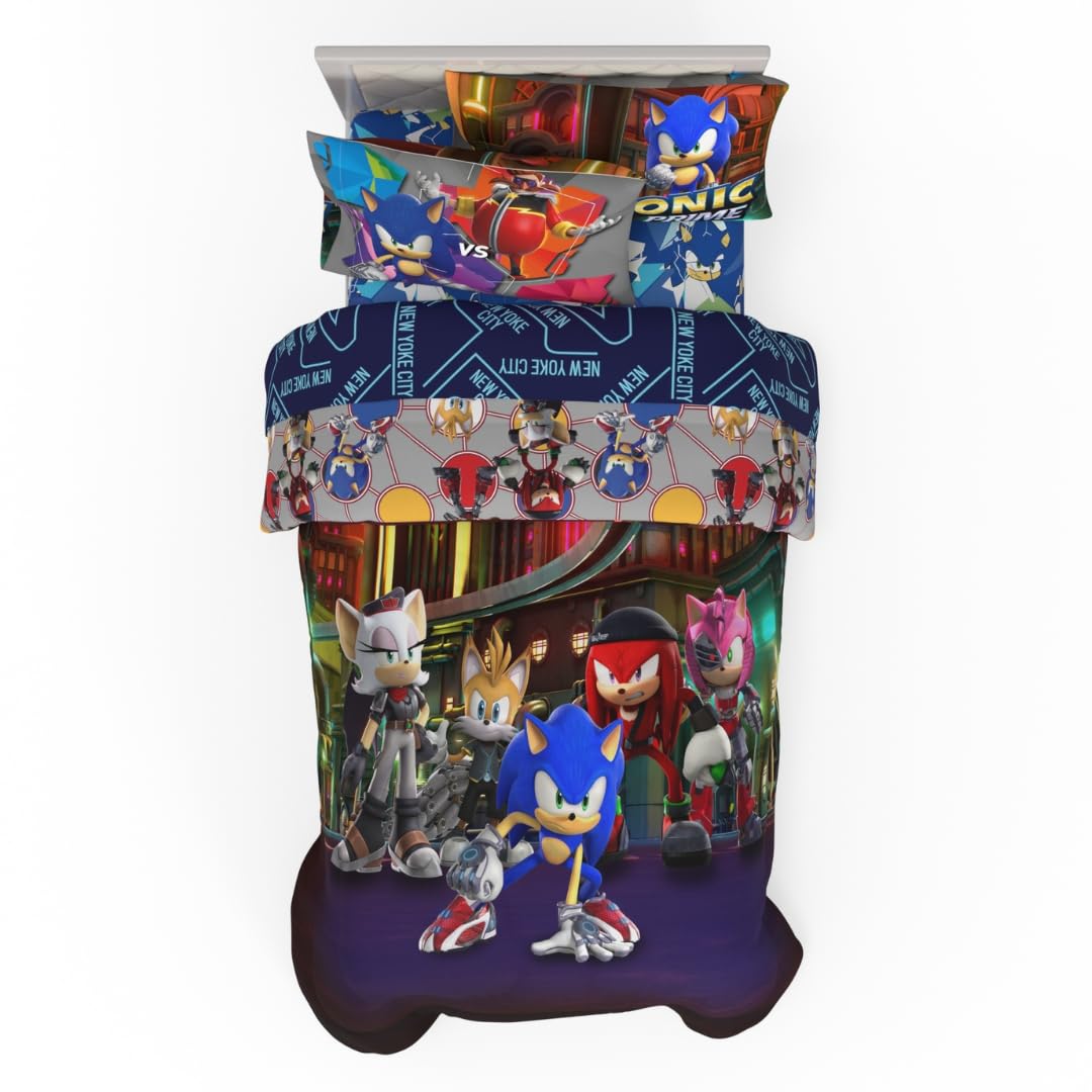 Franco Sonic The Hedgehog Prime Anime Kids Bedding Super Soft Comforter And Sheet Set, 4 Piece Twin Size, (Officially Licensed P