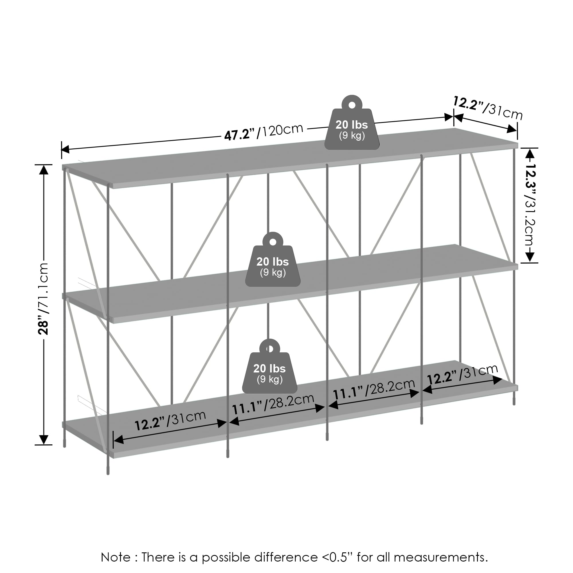 Furinno Wire 3-Tier Industrial Style Metal Frame Bookcase, Display Shelf, 47 Wide, Finn Oak