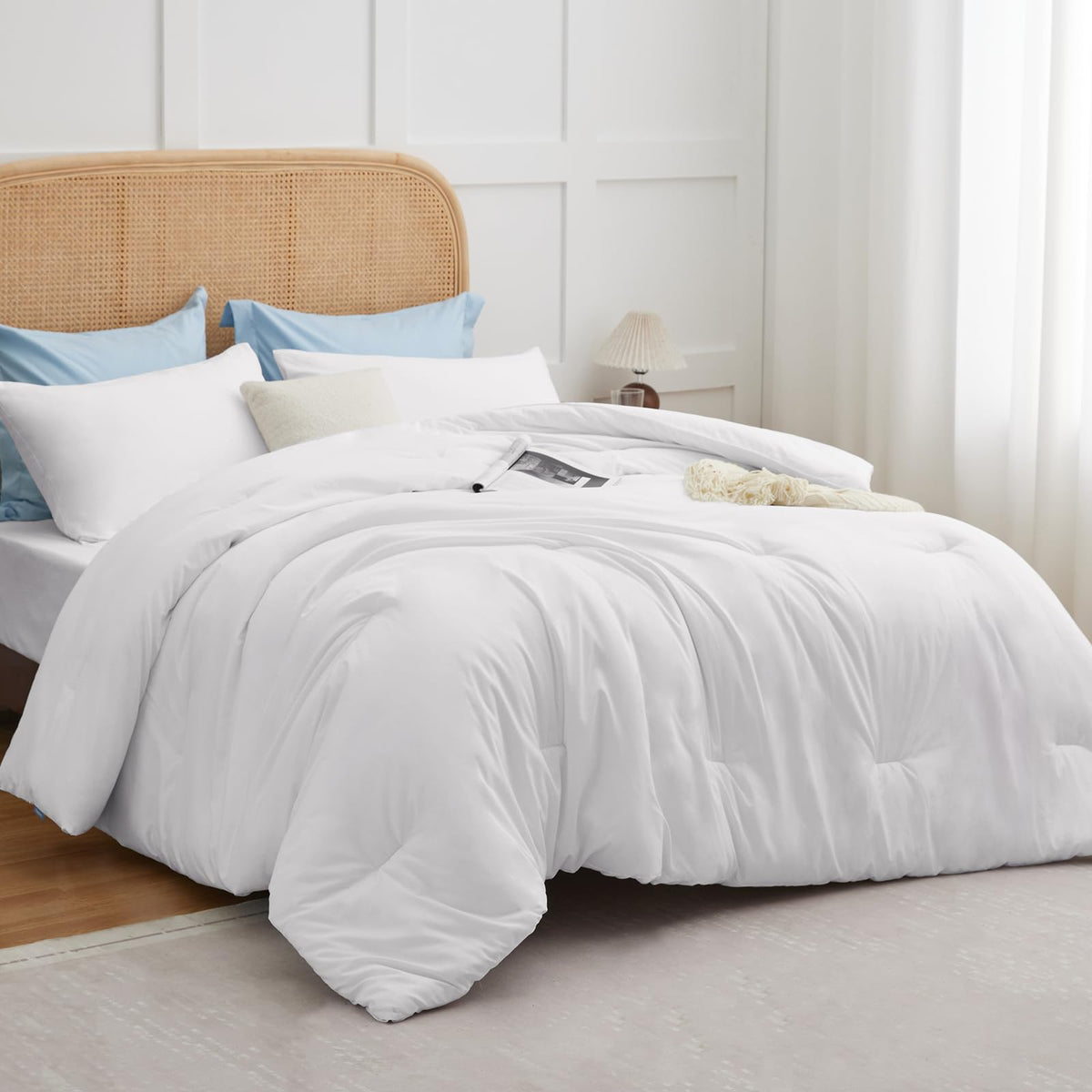 Cozylux White Comforter Set Queen Size, 3 Pieces Solid Breathable Quilted Boho Style Bedding Sets, Luxury Fluffy Soft Microfiber Comforter For All Season(1 Comforter & 2 Pillowcases)