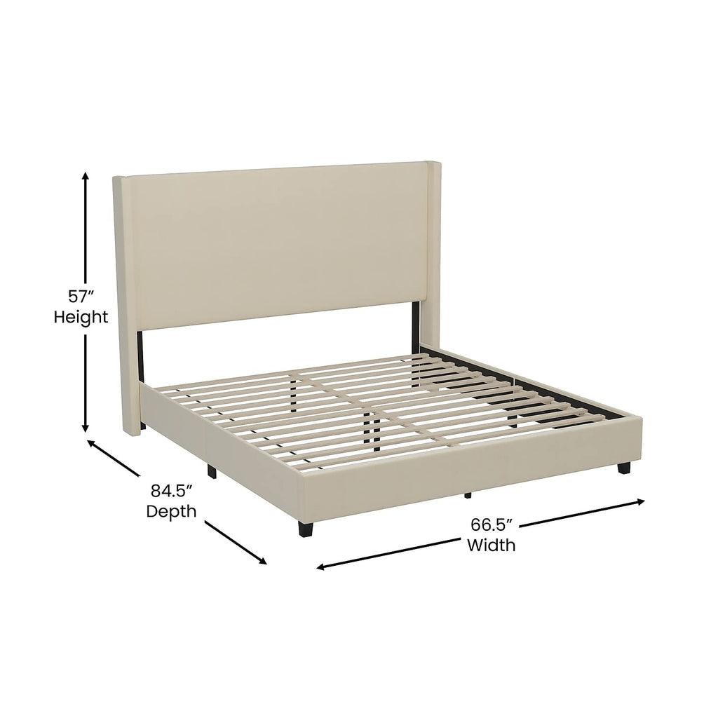 Flash Furniture Quinn Upholstered Platform Bed - Beige Channel Stitched Wingback Headboard - Queen - Mattress Foundation with Slatted Supports - No Box Spring Needed