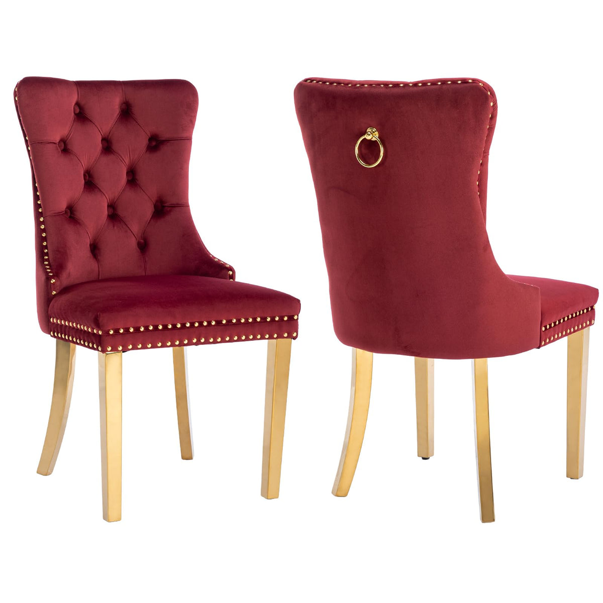 Velvet Dining Chairs Set Of 2, Kitchen Chairs Set Of 2, Tufted Upholstered Dining Room Chair, Back Ring Pull Trim, Golden Stainl
