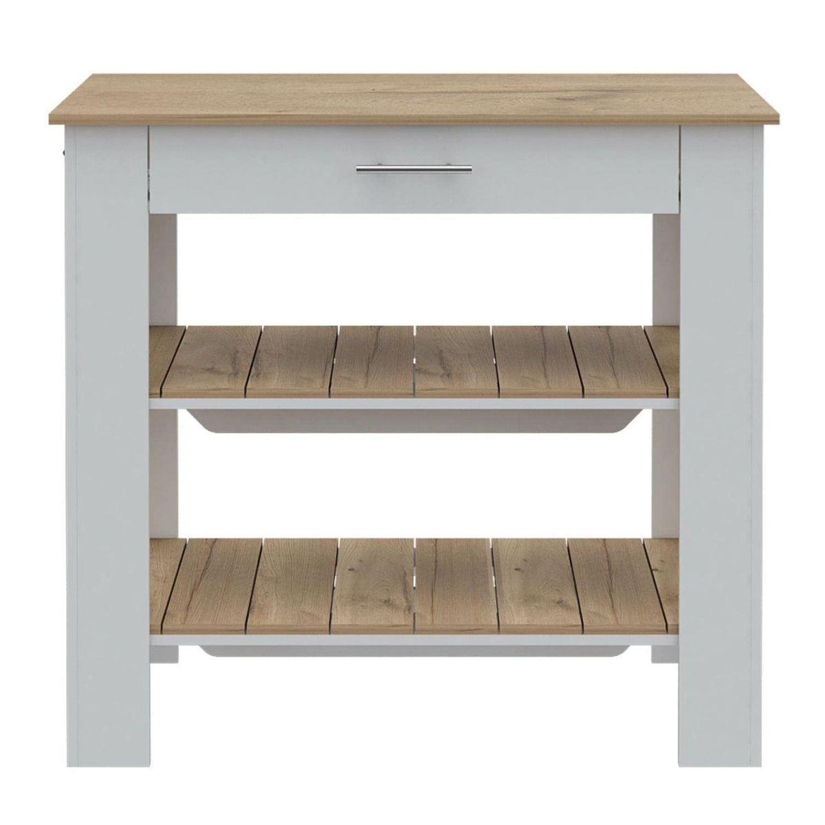 Delos 40 Kitchen Island with 2 Shelves, Drawer, 4 Legs, and Towel Rack, White/Light Oak