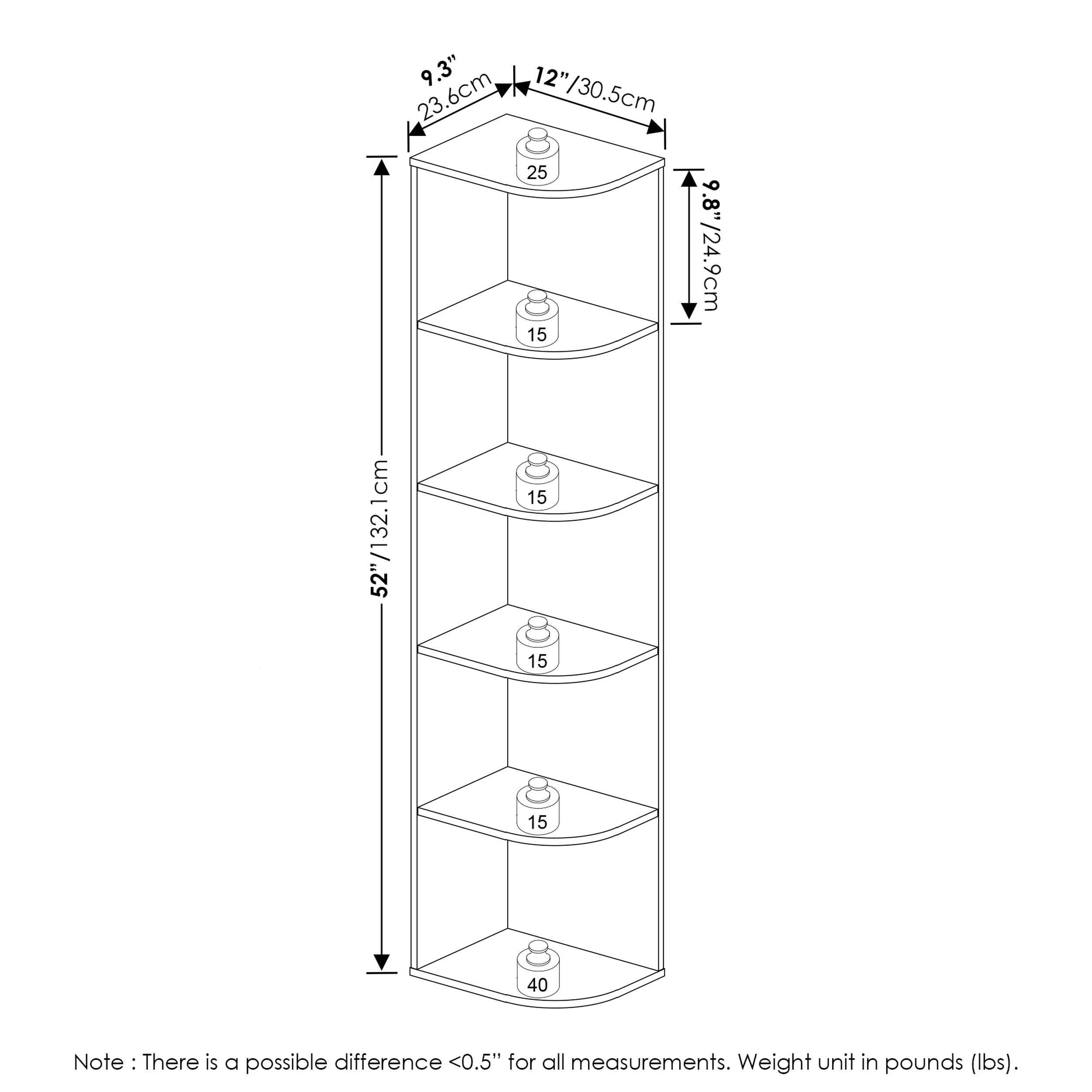 Furinno Pasir 5-Tier Corner Open Shelf Bookcase, Blackwood