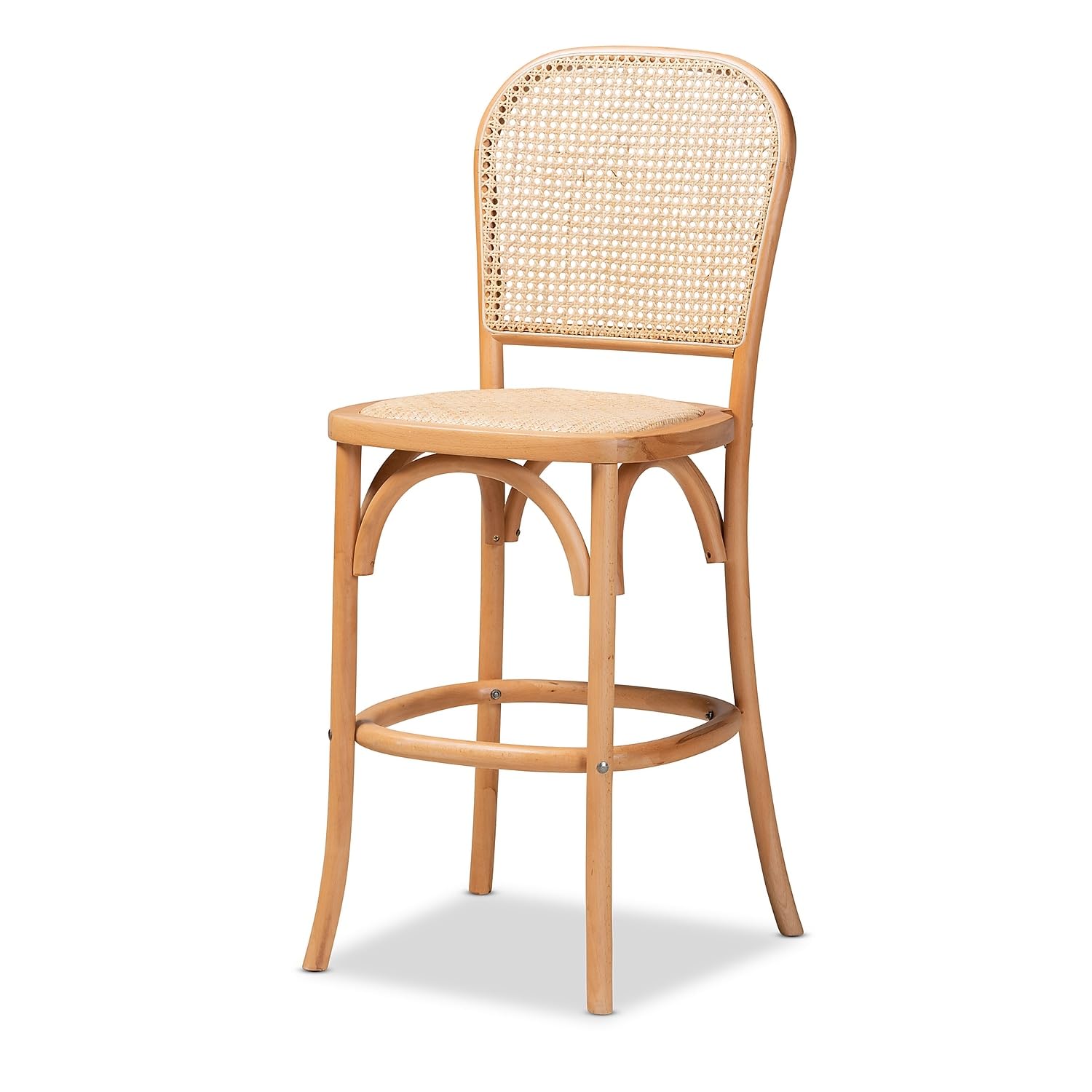 Baxton Studio Vance Mid-Century Rattan Back Counter Stool, Beige and Natural (195-12384-HiT)