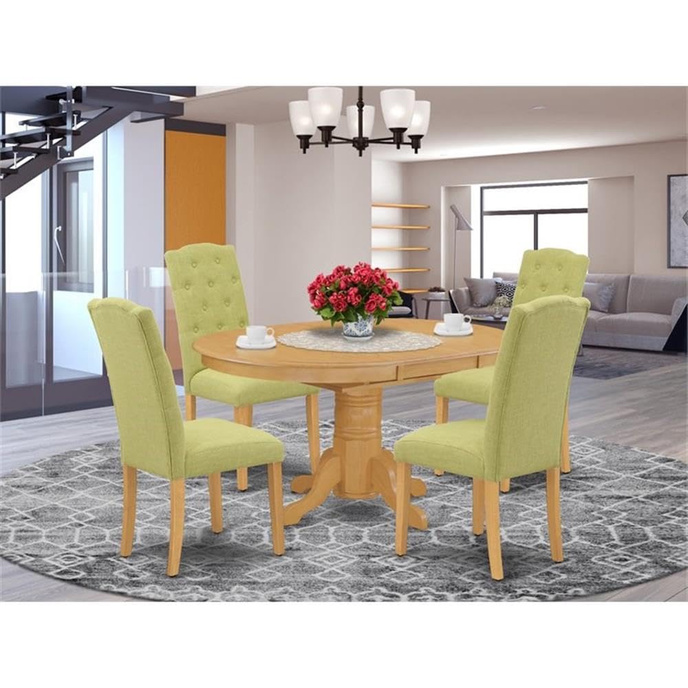 East West Furniture Avce5-Oak-07 5 Piece Kitchen Table Set For 4 Includes An Oval Dining Room Table With Butterfly Leaf And 4 Limelight Linen Fabric Parsons Chairs, 42X60 Inch, Oak