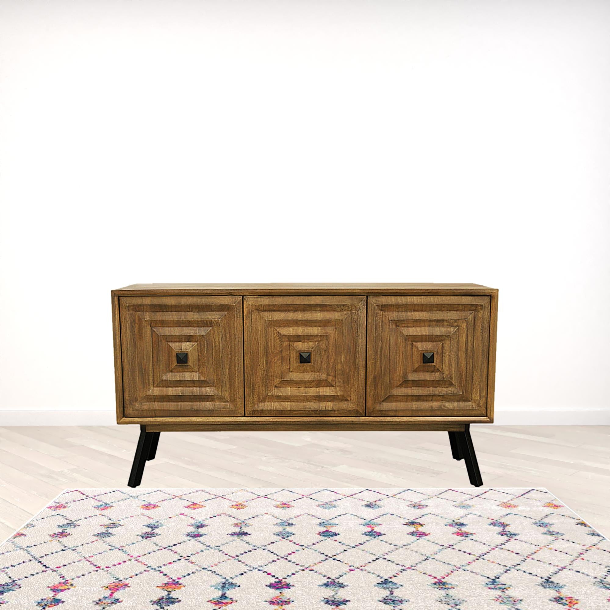 59 Chestnut Distressed Solid Wood Carved Geometric Sideboard with Three Doors