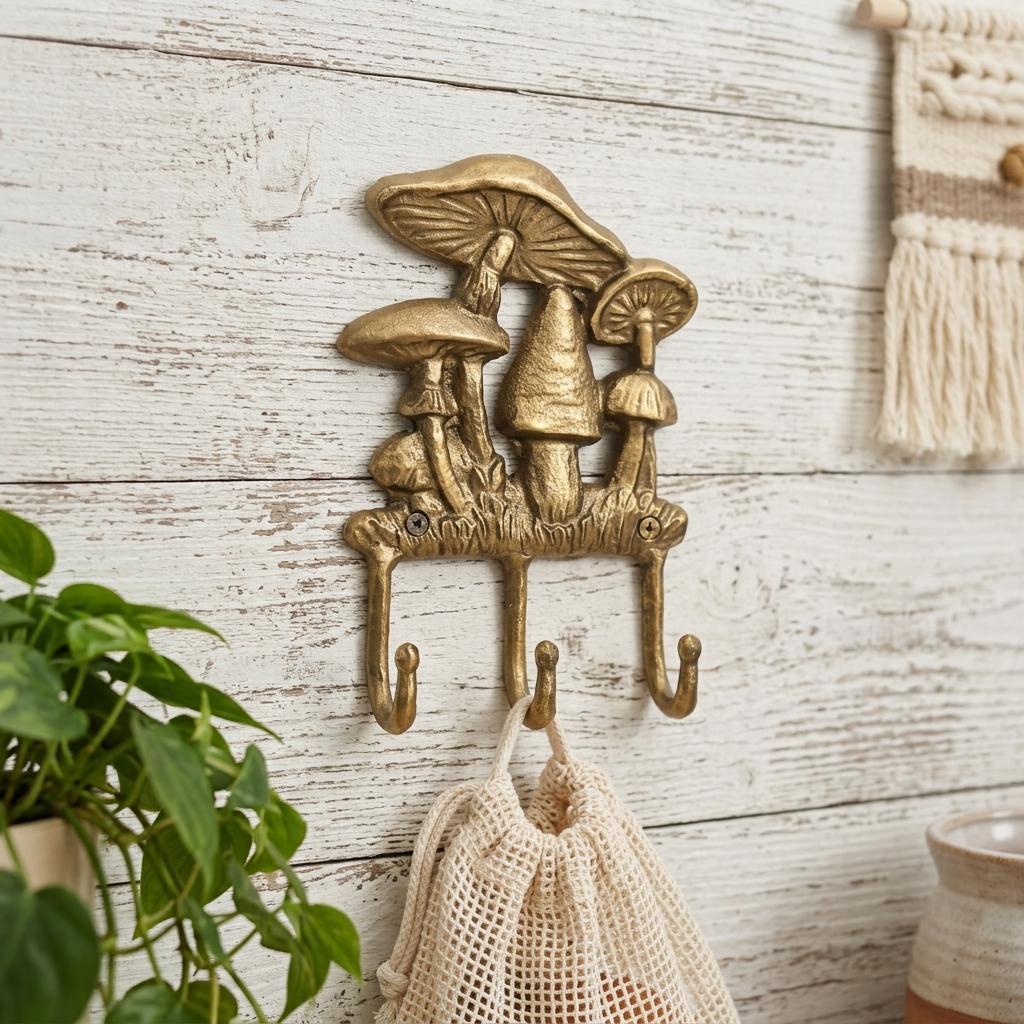 5 Antiqued Gold Cast Iron Mushroom Three Hook Wall Mount Coat Rack