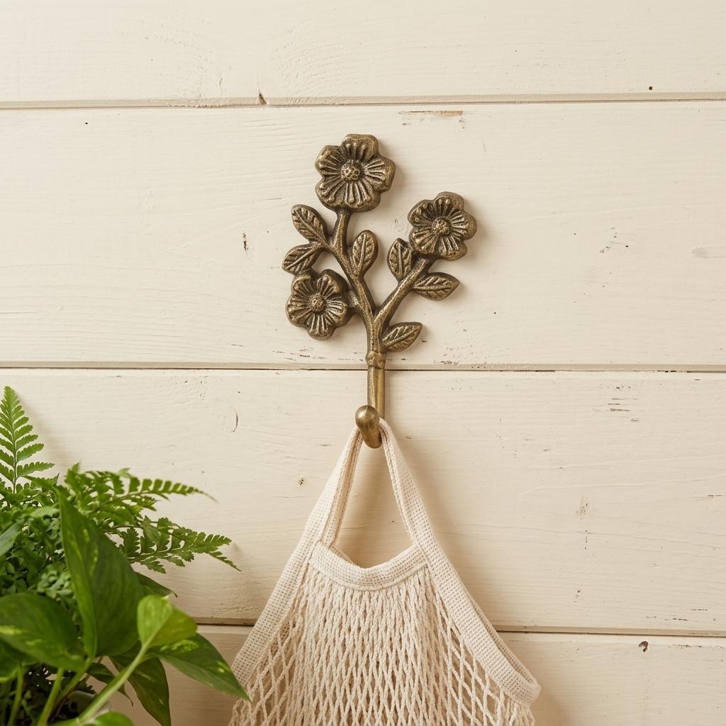 4 Antiqued Gold Cast Iron Flower Wall Hook
