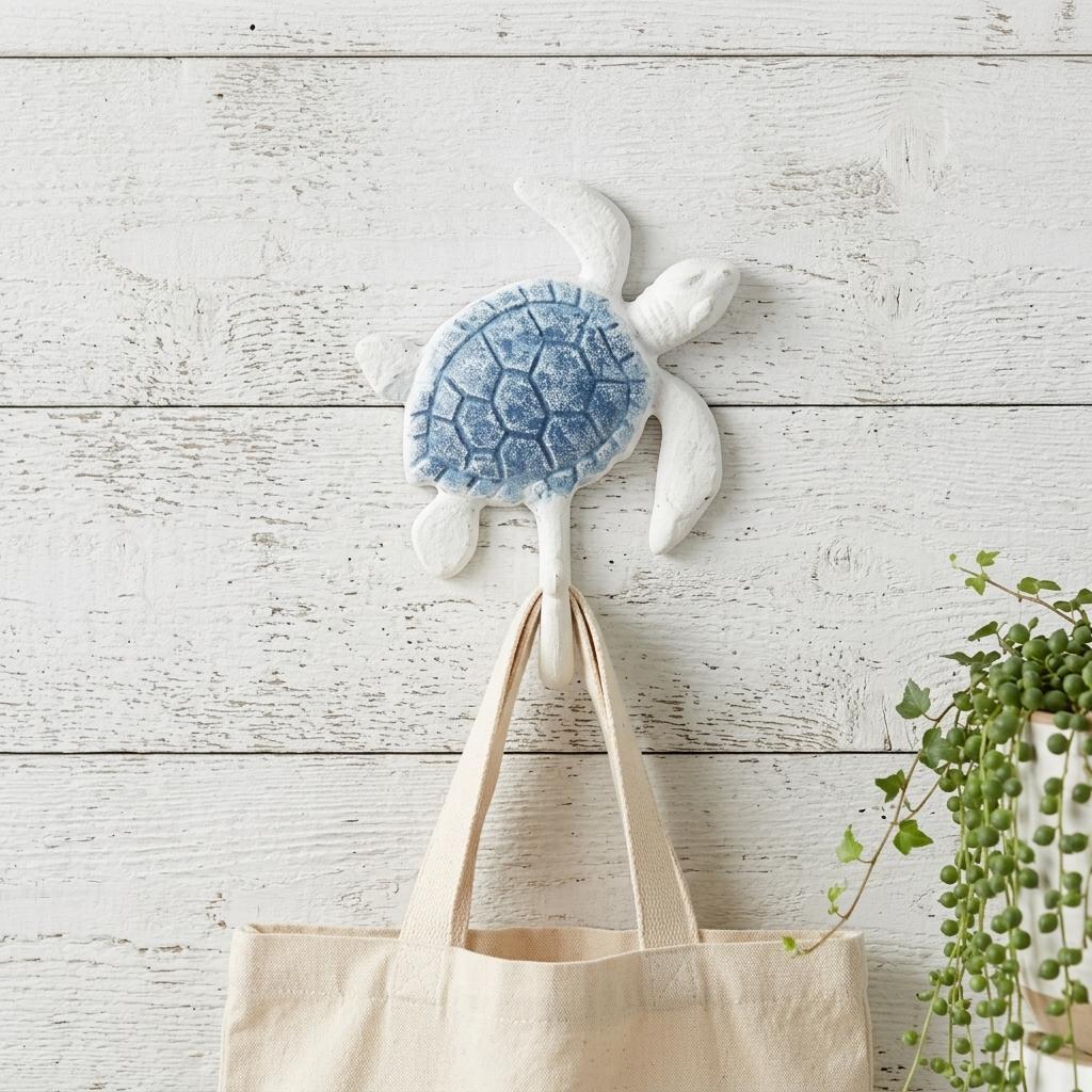 4 Blue And White Cast Iron Turtle Wall Hook