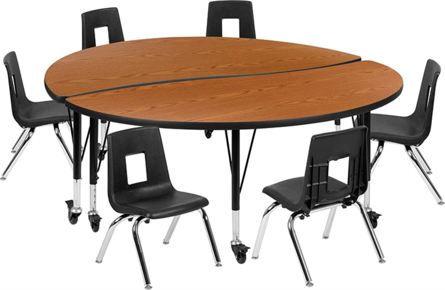 Flash Furniture Mobile 60" Circle Wave Collaborative Laminate Activity Table Set With 14" Student Stack Chairs, Oak/Black