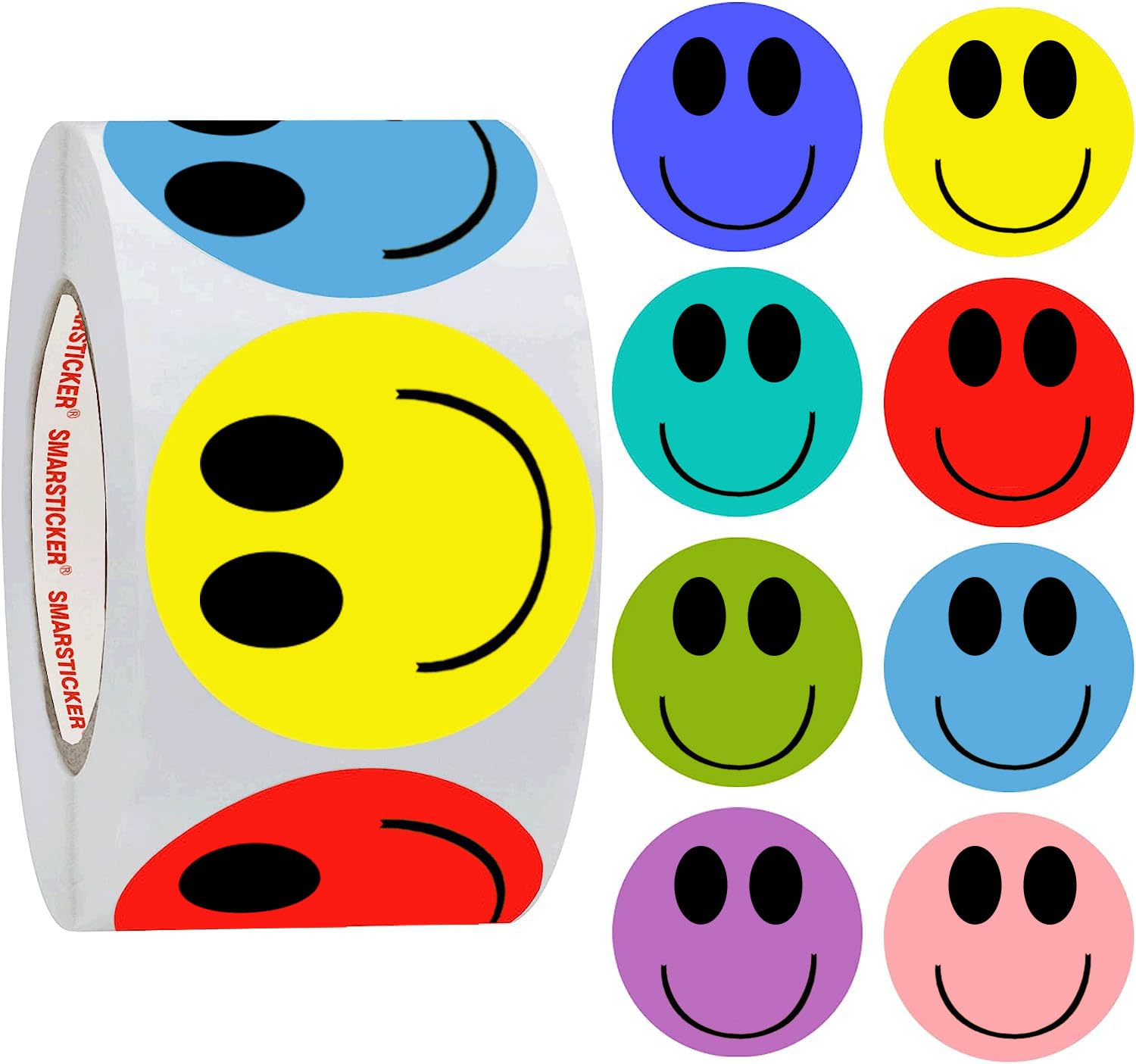 Smarsticker Color Yellow Smile Face Happy Stickers 2' Inch Round Circle Christmas Large Smile Face Stickers Roll Teacher Kids R