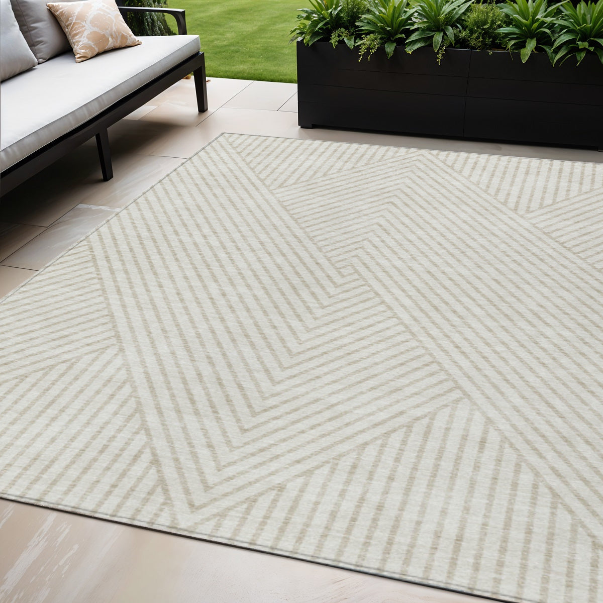 5' X 8' Ivory And Pale Beige Geometric Washable Indoor Outdoor Area Rug