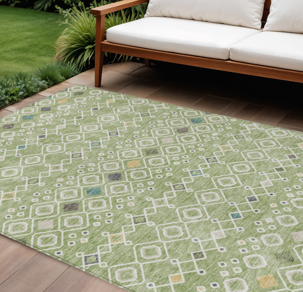 9' X 12' Sage Ivory And Teal Blue Geometric Washable Indoor Outdoor Area Rug