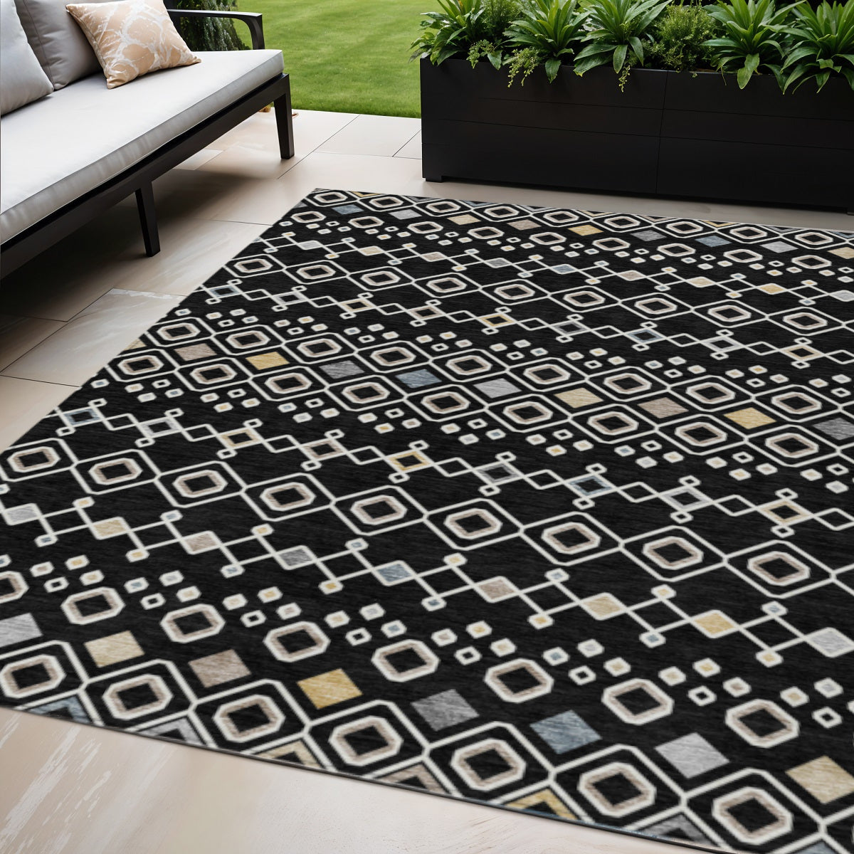 5' X 8' Black Ivory And Blue Geometric Washable Indoor Outdoor Area Rug
