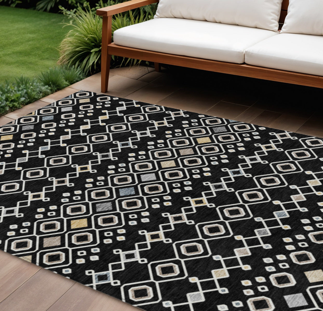 10' X 14' Black Ivory And Blue Geometric Washable Indoor Outdoor Area Rug