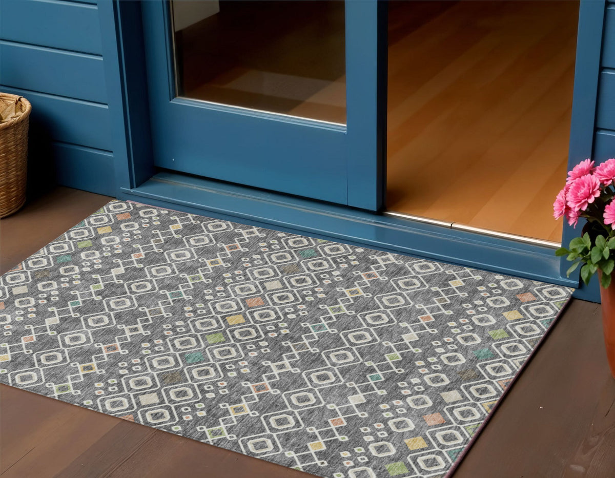 3' X 5' Gray Ivory And Gold Geometric Washable Indoor Outdoor Area Rug