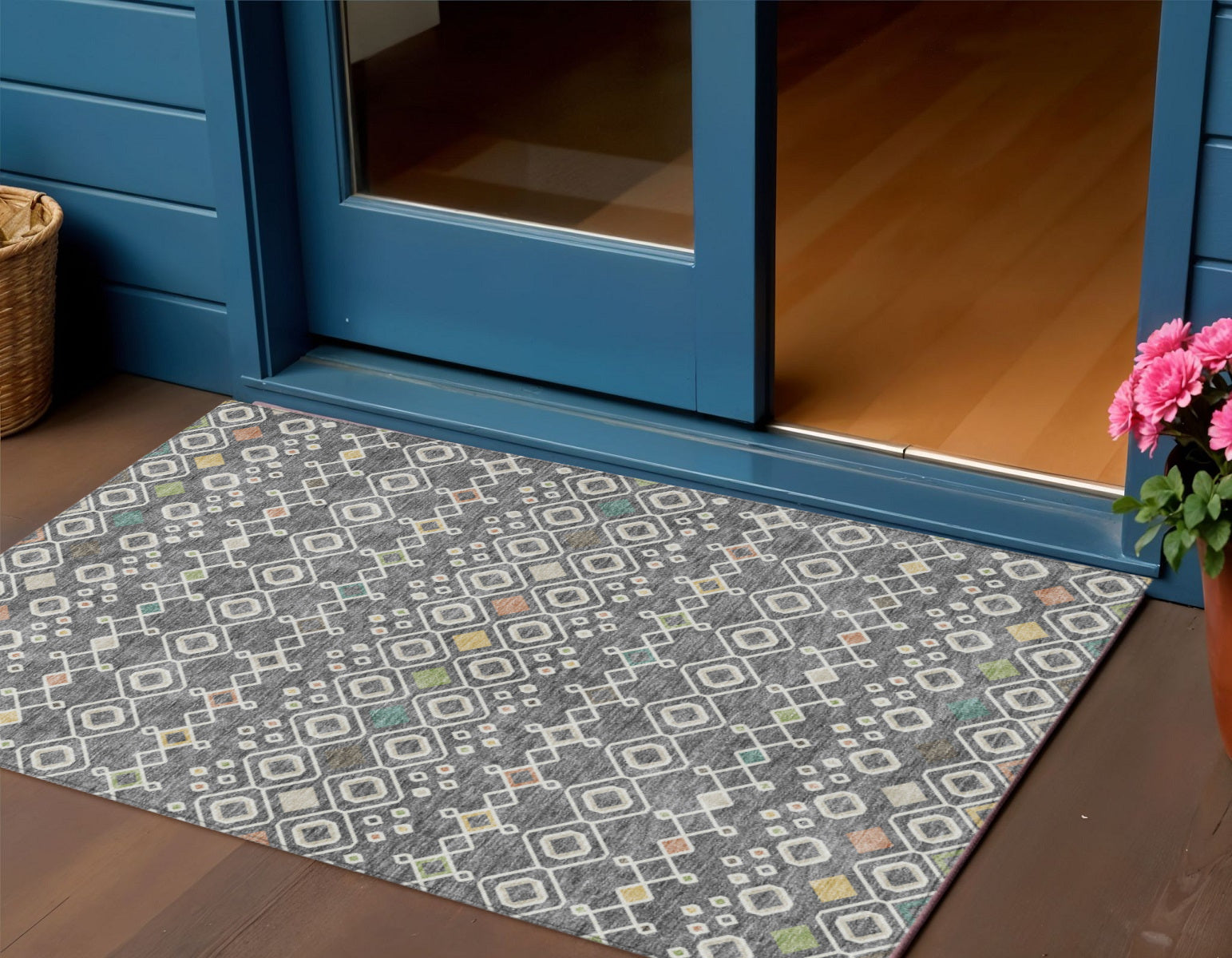3' X 5' Gray Ivory And Gold Geometric Washable Indoor Outdoor Area Rug