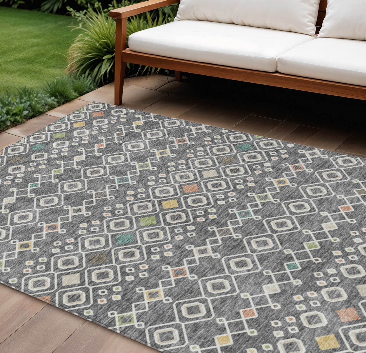 9' X 12' Gray Ivory And Gold Geometric Washable Indoor Outdoor Area Rug