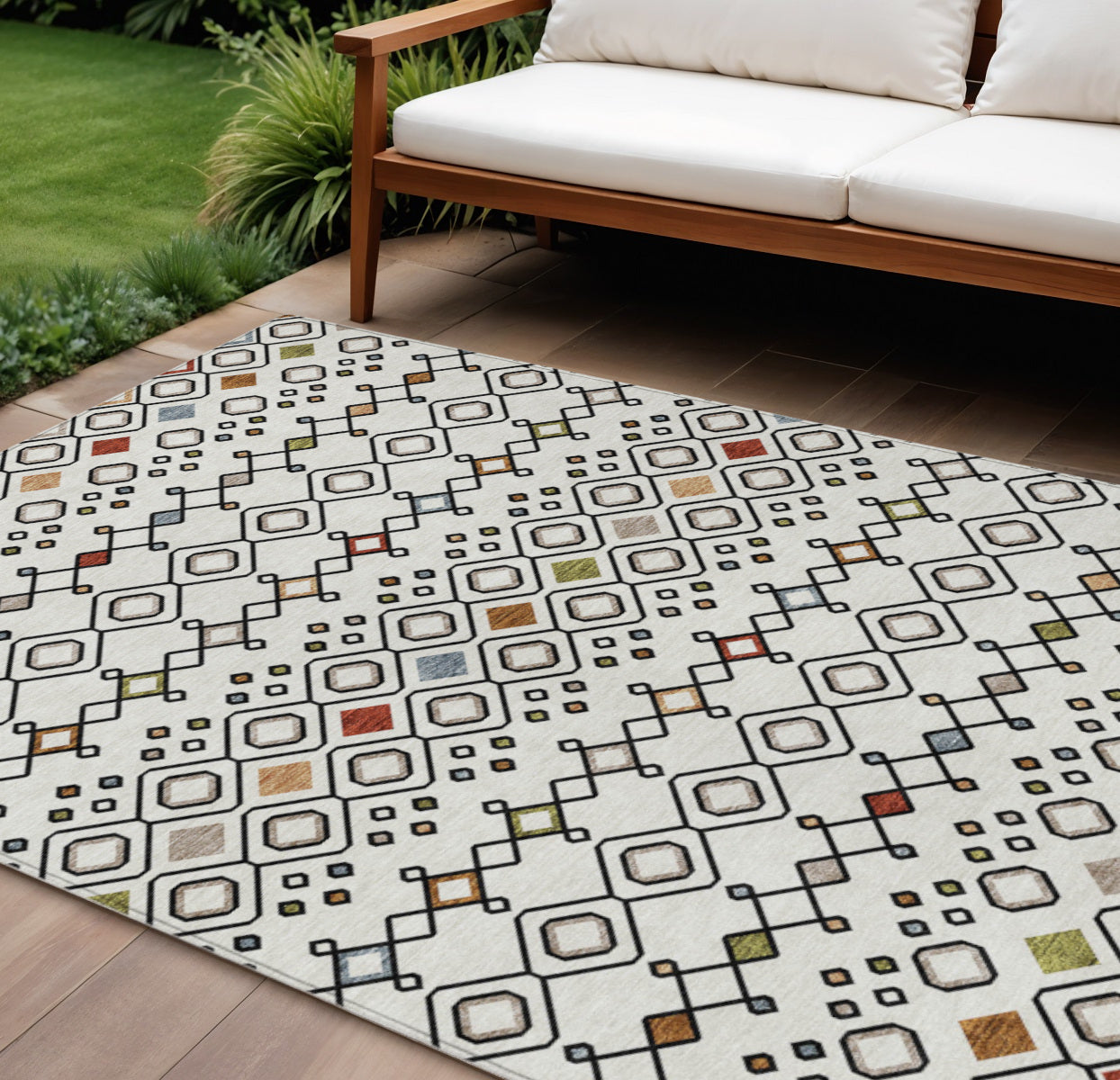 9' X 12' Ivory Red And Gray Geometric Washable Indoor Outdoor Area Rug