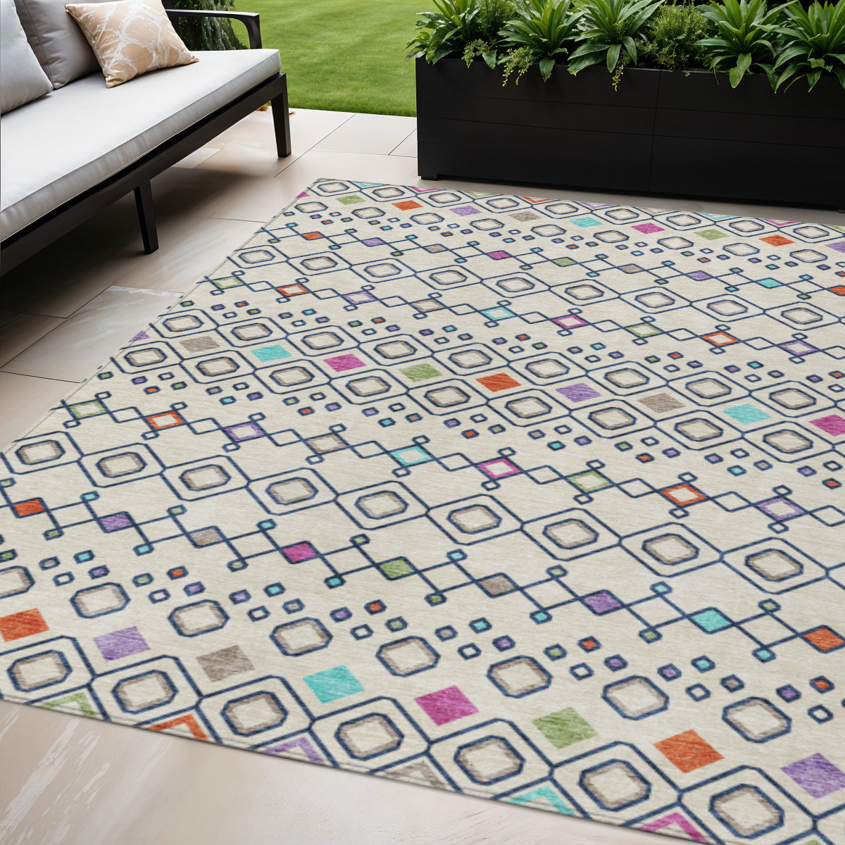 5' X 8' Linen Pink And Orange Geometric Washable Indoor Outdoor Area Rug