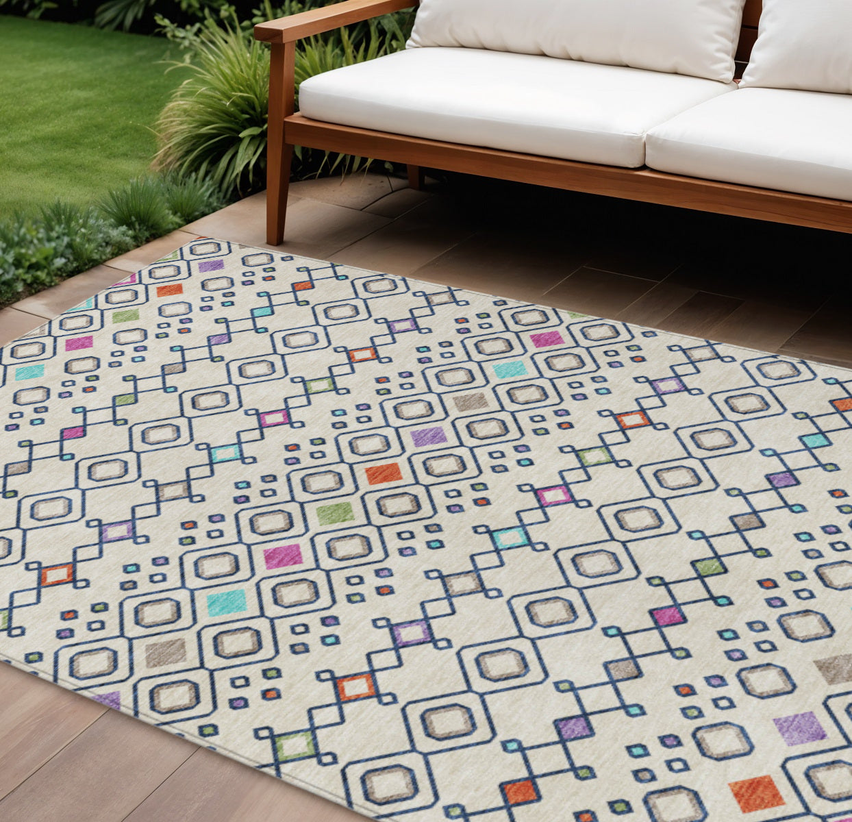 9' X 12' Linen Pink And Orange Geometric Washable Indoor Outdoor Area Rug