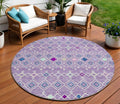 8' Lavender Ivory And Blue Round Geometric Washable Indoor Outdoor Area Rug