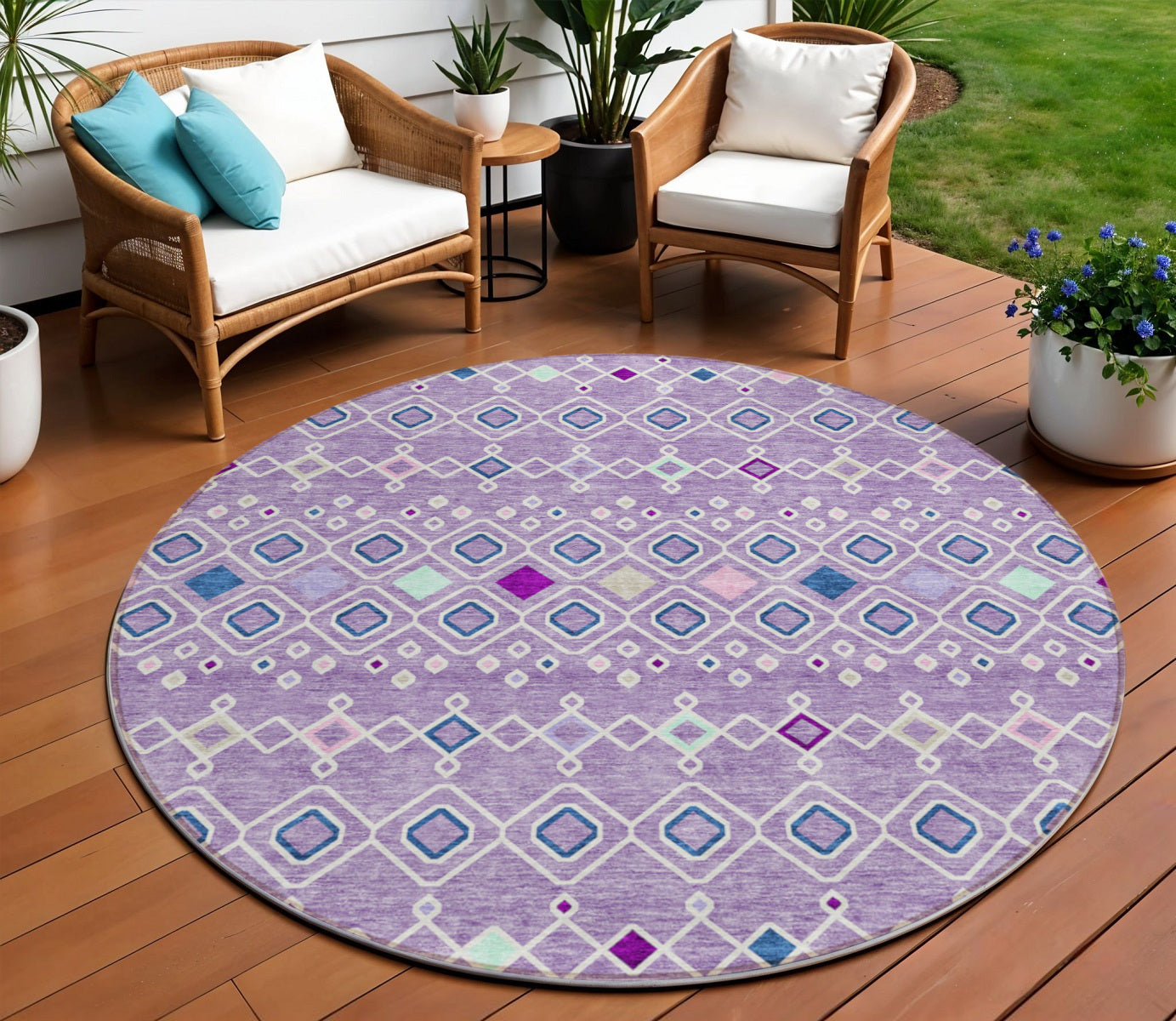 8' Lavender Ivory And Blue Round Geometric Washable Indoor Outdoor Area Rug