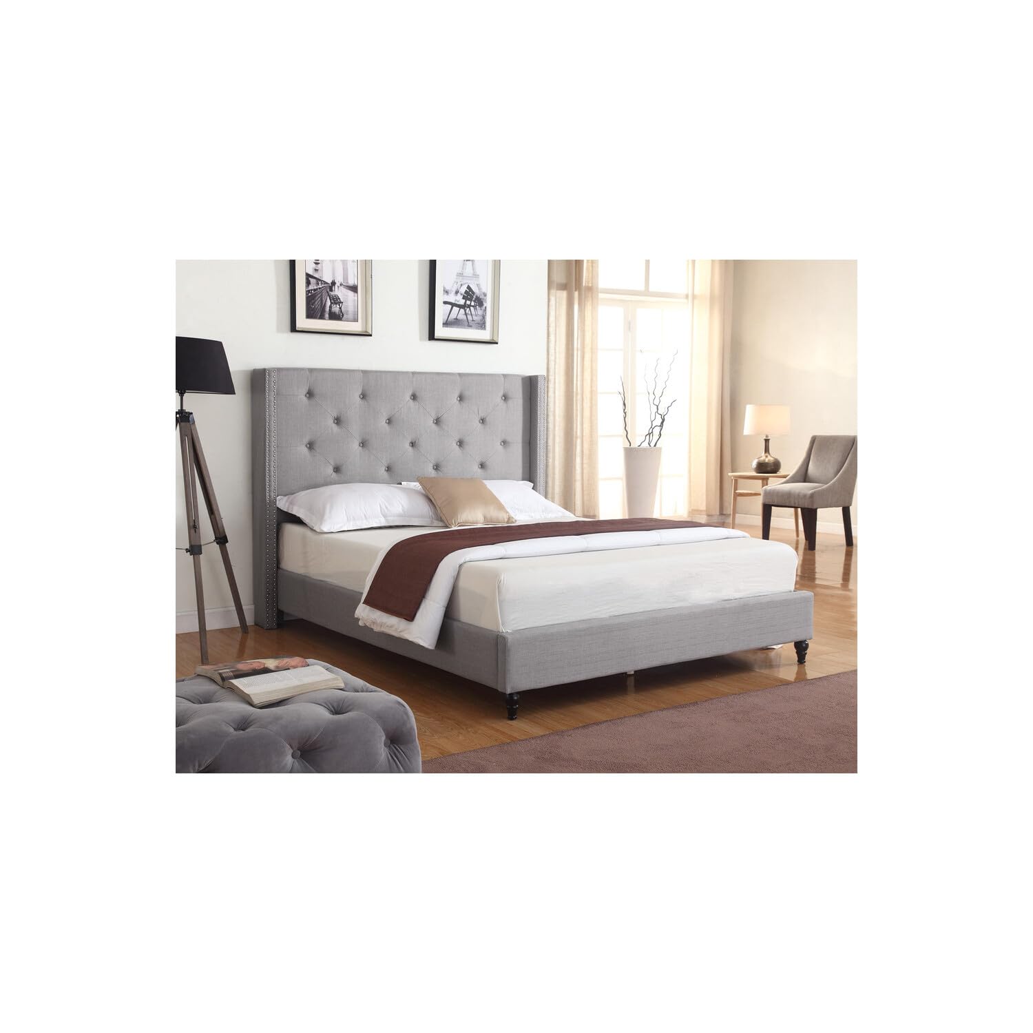 Best Master Furniture Vero Tufted Wingback Platform Bed, Queen, Grey