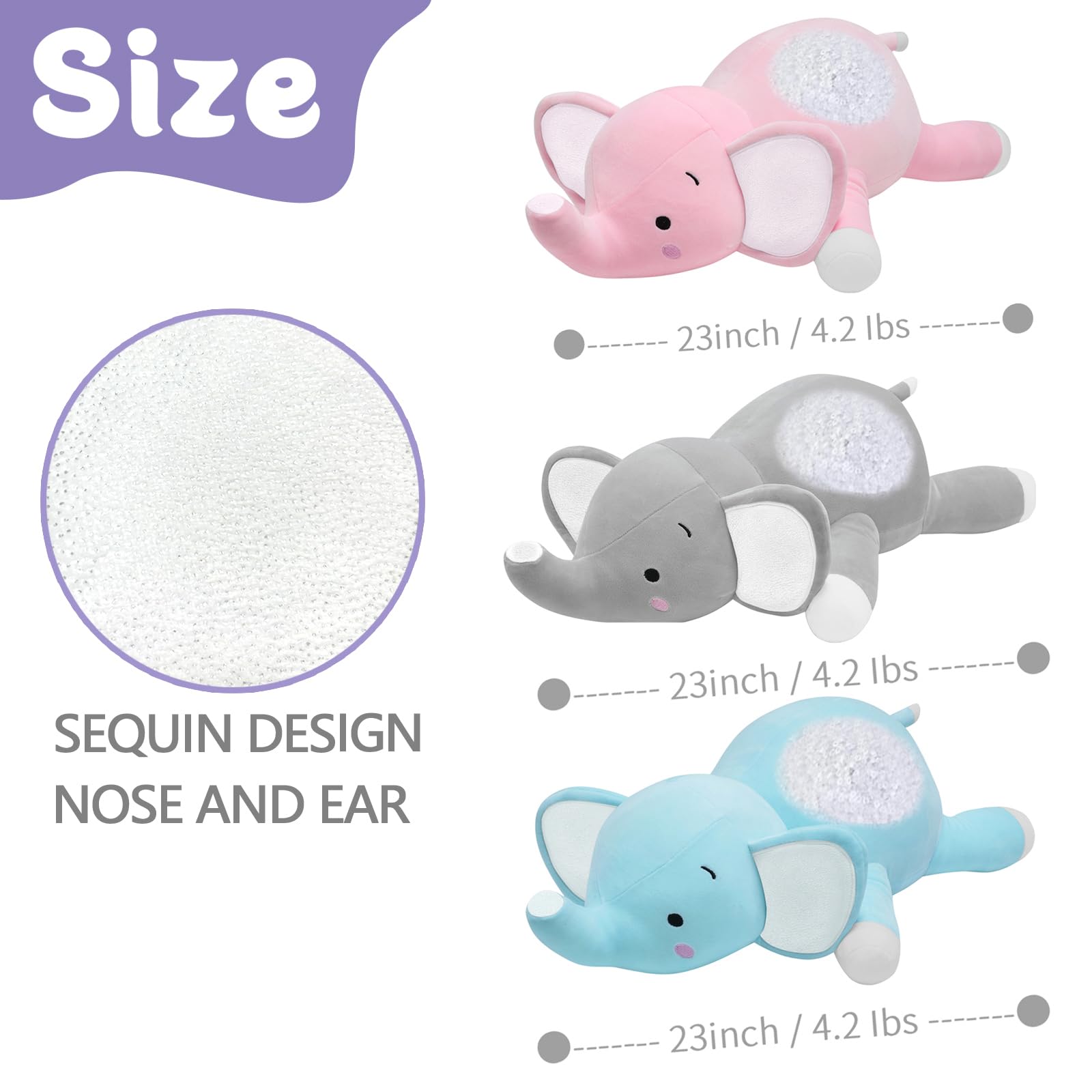 Csvbtrf 4.2 Lbs 23' Elephant Weighted Stuffed Animals, Elephant Plush Hugging Pillow For Gift, Grey Elephant Stuffed Animals (G